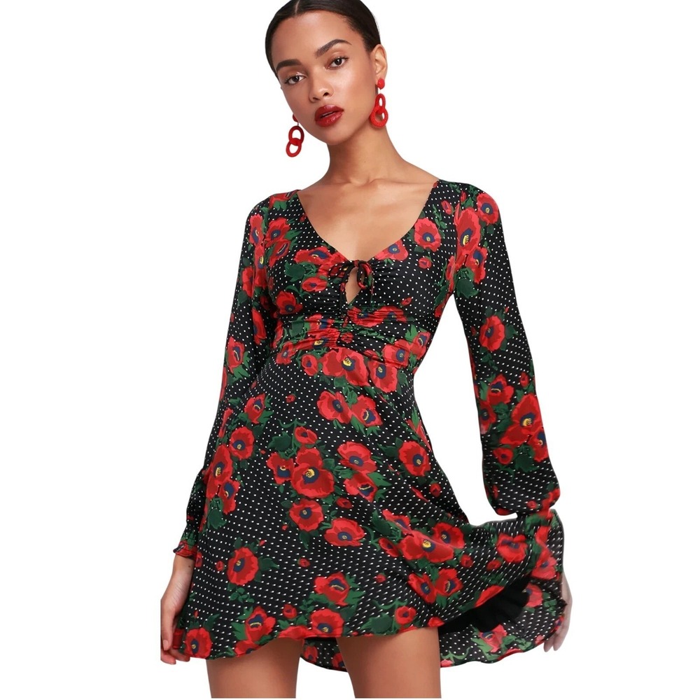 Free People Womens XS Black Red Floral Ruched Mini Dress Whimsigoth Holiday